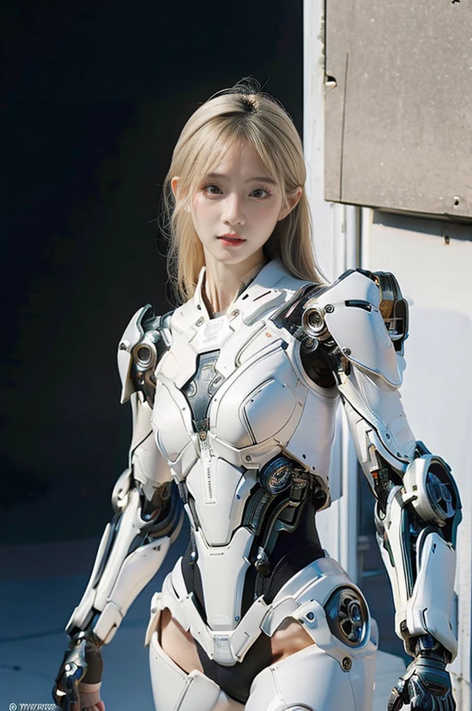 best quality, 1080P, Masterpiece, Whole body photo, Ultra high resolution, photorealistic photo, ultra realism, Realistic skin texture, Light blonde hair, Extreme skin detail, dslr, Detailed eyes, Facing the camera, very beautiful face, Concise facial structure, Pale skin, Realistic skin texture, Extreme skin detail, oc render reflection textures, Realistic light and shadow, Single picture, alone, The body is slim and balanced., Age 20, Height 170, naked girl, NUDE, no underwear, A girl with the body of a mechanical robot., Transparent futuristic black glass mech armor suit, The mechanical cervix is attached to the neck., flat stomach, Woman with perfect mechanical arms and legs, full body view, Whole body photo,