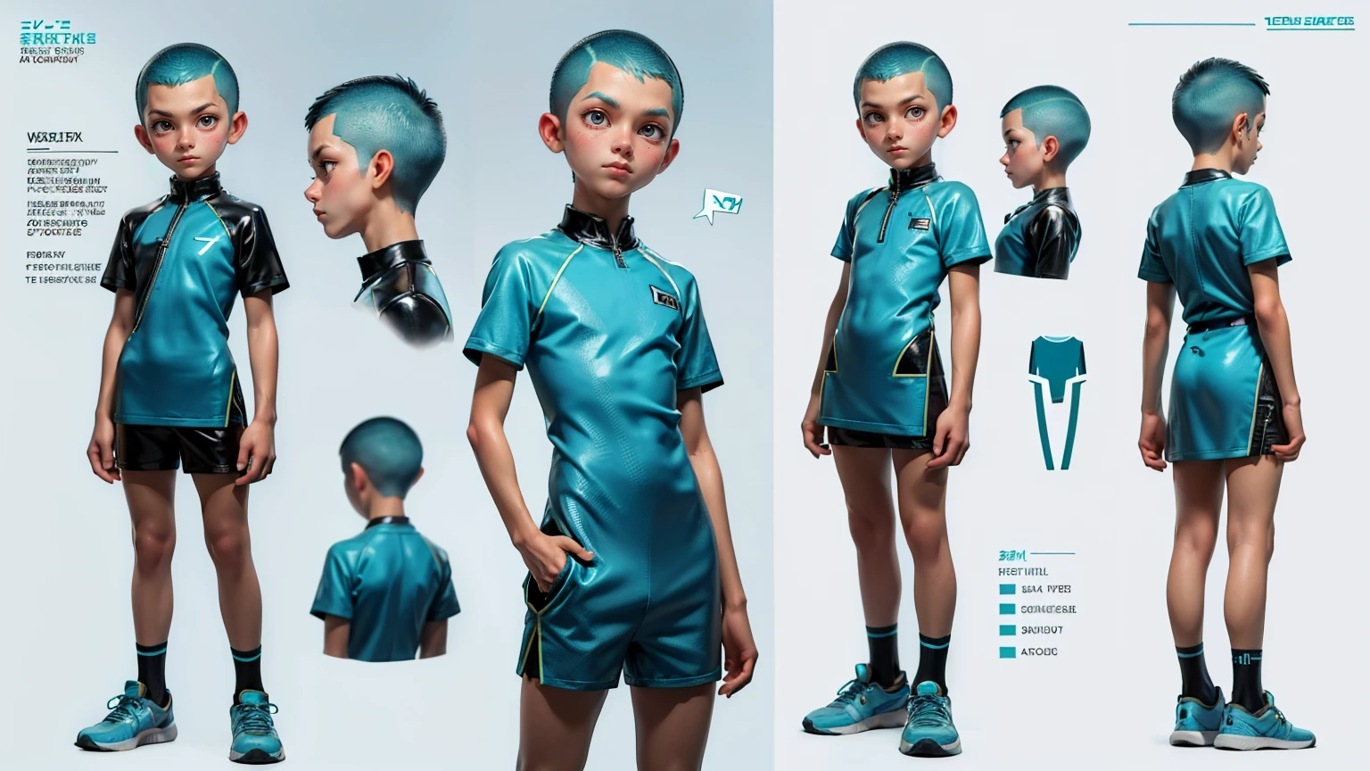 cute face boy, cute face, short height boy, wearing casual futuristic Turquoise color pent, Turquoise dress, full standing pose, Buzz Cut hairs, Buzz Cut hair style, sports shoes, Character Sheet, , Full body, Simple white background, front straight pose character reference sheet, Concept art, design sheet