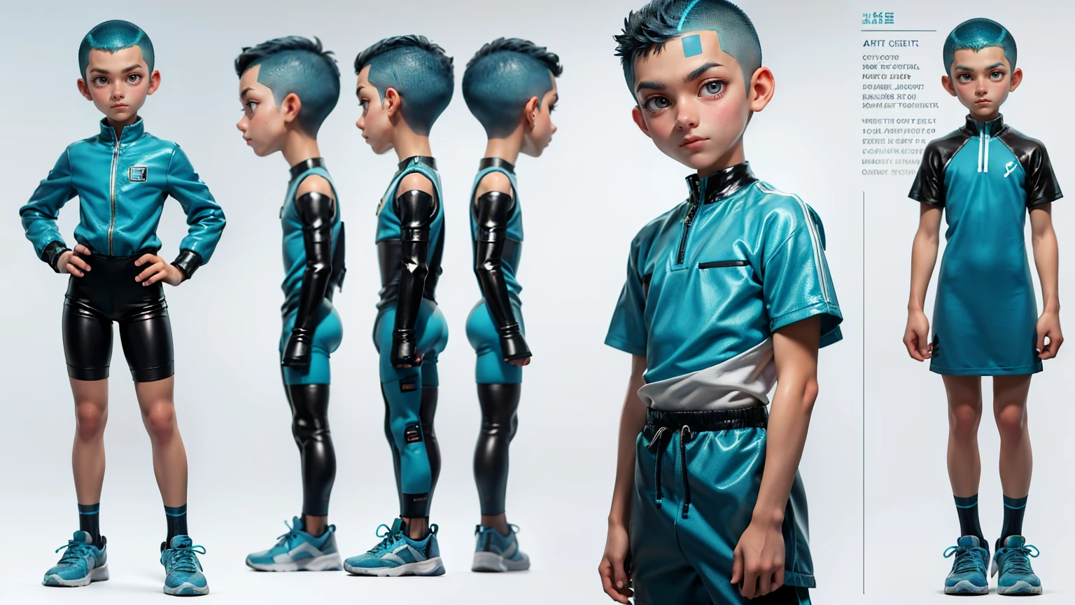 cute face boy, cute face, short height boy, wearing casual futuristic Turquoise color pent, Turquoise dress, full standing pose, Buzz Cut hairs, Buzz Cut hair style, sports shoes, Character Sheet, 12 yo student, Full body, Simple white background, front straight pose character reference sheet, Concept art, design sheet