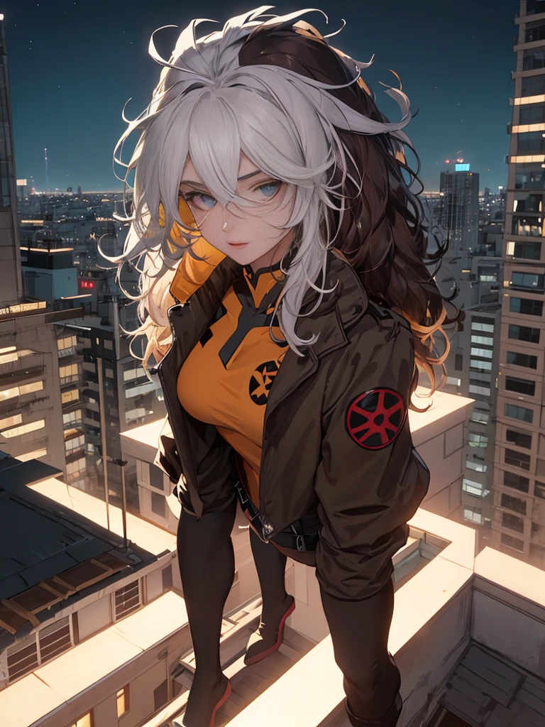 (highly quality, work of art, detailded), night city detailded scenario, night city detailded background,  20 years old, standing alone, multicolored wildly hair, White hair, chestnut hair, Super heroi, on its own, extrem, blue colored eyes, nua nude, sitting on top of a building, へそ, face perfect, gorgeous eyes, perfects eyes, gazing at viewer, pose sexy