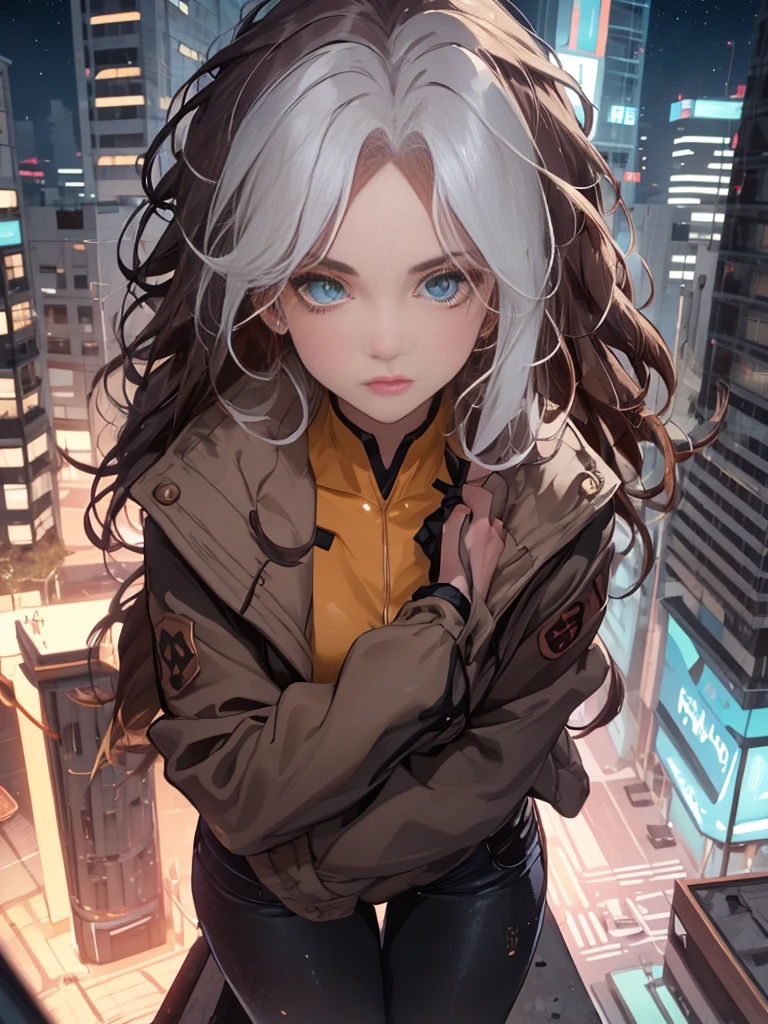 (highly quality, work of art, detailded), night city detailded scenario, night city detailded background,  20 years old, standing alone, multicolored wildly hair, White hair, chestnut hair, Super heroi, on its own, extrem, blue colored eyes, nua nude, sitting on top of a building, へそ, face perfect, gorgeous eyes, perfects eyes, gazing at viewer, pose sexy