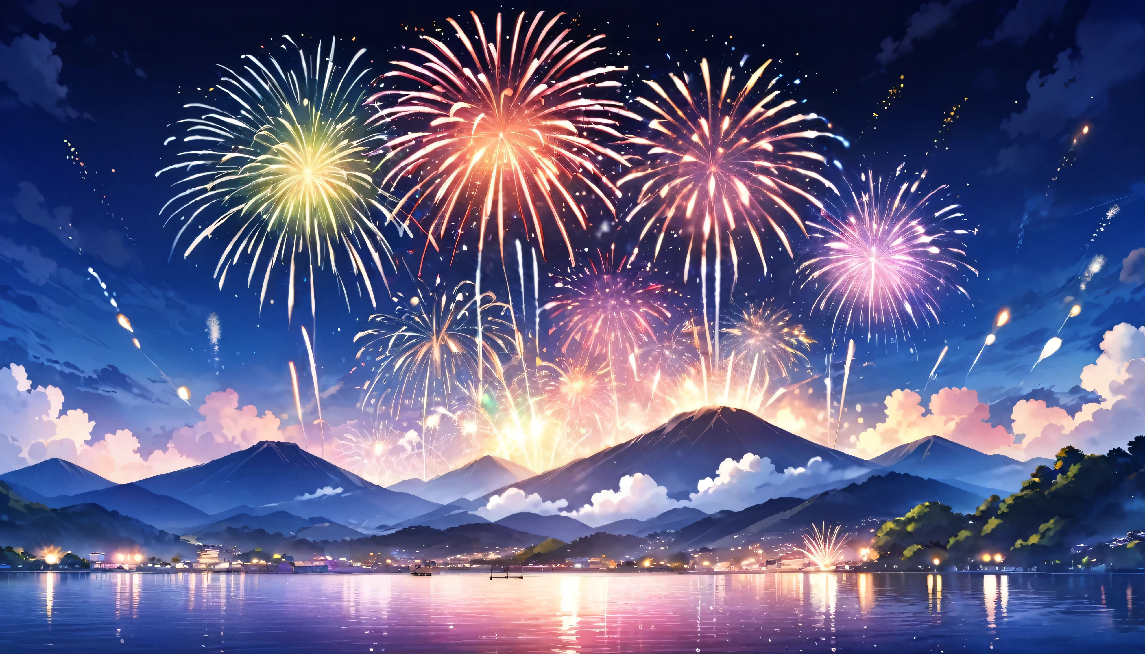 Fireworks display、National Fireworks Festival、lake、Underwater fireworks、Fireworks from the water Fireworks blooming on the water、colorful fireworks、Japan、fireworks
