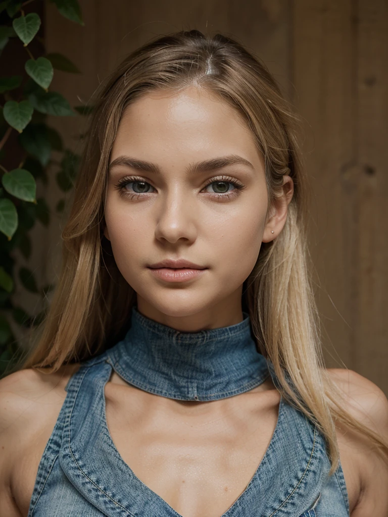 girl with waist-length blonde hair. Oval face. Small and proportional nose with a smooth straight profile with symmetry and naturalness. Large, expressive eyes with a vibrant green color with a penetrating look with long, defined eyelashes. Full and well-defined lips with marked cupid curves of moderate size and symmetrical. nose, eyes, lips and ears are balanced and complement the oval shape of the face, symmetrical with each other, healthy and well-groomed skin, as well as shiny and well-groomed hair. (Textured Skin), (((Life Real))). (((ite))), Height: 150 cm (approximately 4 feet 11 inches), indicating a stature. (((smal))), Weight: Between 43 to 45 kilograms (approximately 95 to 99 pounds), suggesting a slim and light build. Complexion: Slim and proportionate, with subtle curves that complement the oval shape of the face. Hair: Long, blonde and silky, falling in soft waves or straight, delicately framing the face. Posture: Elegant and well-aligned, which contributes to a graceful and natural appearance. Polera mojada, jeans ajustado, botines negros con taco