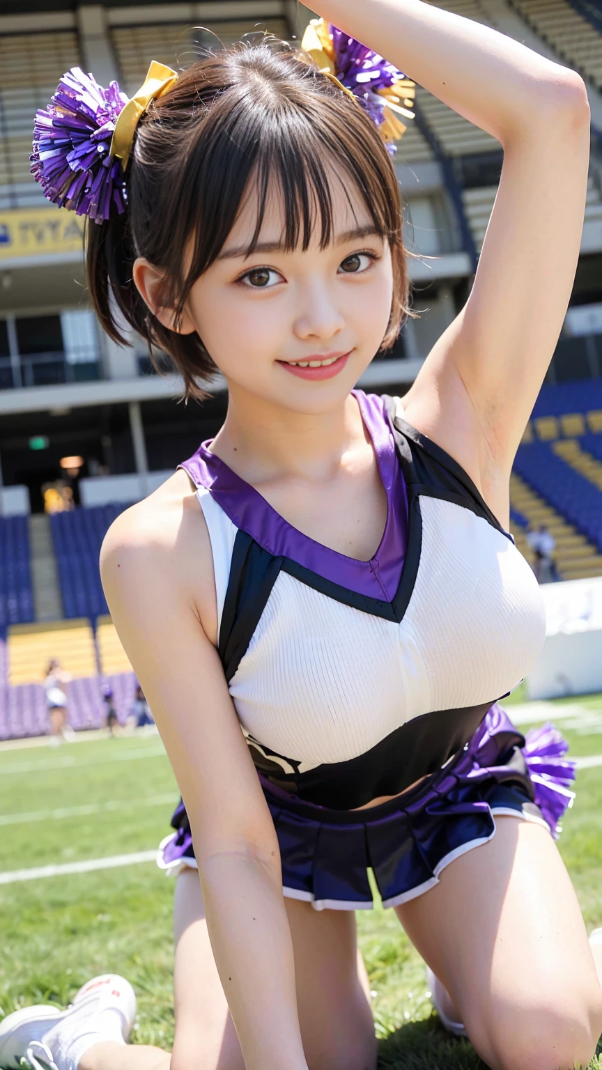 ((metallic Cheerleaders:1.5)), (Mainly black, white and purple. Tight one-shoulder tops:1.5), (Black, purple tight skirt:1.5), (latex:1.4), sun, (toyota stadium:1.4), (from below:1.5), (acrobatic pose:1.5), (cowboy shot:1.3), (kneeling, looking down, hands on floor:1.5), clear sky, 3girls, (huge breasts:1.6), (light brown short hair:1.6), (pixie cut:1.9), (bangs:1.3), (abs:0.5), (narrow waist:1.8), (skinny:1.5), (collabones:1), (wide forehead:1.3), (fair skin:1.5), (transparent skin:1.5), (towering:1.2), (smile:1.5), (embarrasshed:1.4), (shy:1.5), (open mouth:1.5), (18 years old:1.5), (8k, RAW photo:1.2),detailed face and eyes,best quality,highly detailed ,intricate detail ,masterpiece ,cute girl ,intricate detail, hyperdetail,sharp focus
