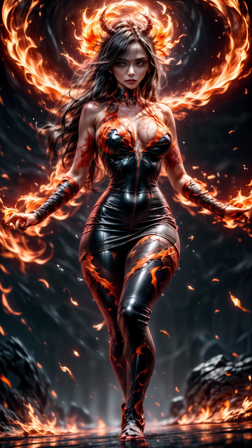 Cinematic effects, raining blood, from below, masterpiece, highest quality, dragonlady queen, perfect demoness, long legs, hourglass figure, curvy hips, perfect eyes, detailed eyes (1.4), slashed up body, cuts and deep wound on body, scars on face, villainous expression, flaming skin body with bioluminescent glowing pattern, ready for battle, blurred stormy background, dark atmosphere, lighting in background,full body, good hands, best hands