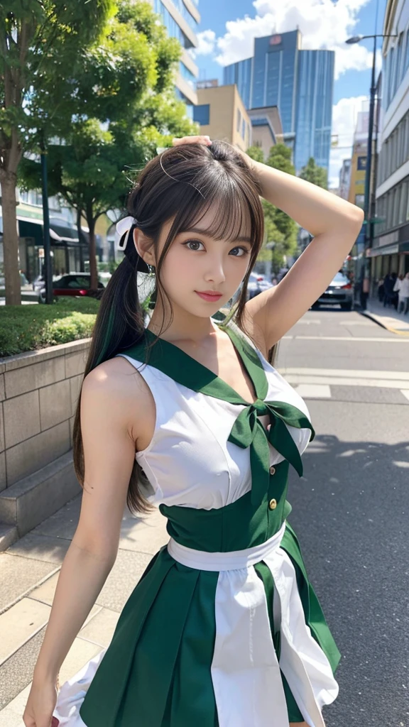 Masterpiece, top quality, photorealistic, super high definition, super high resolution, detailed image, cute girl standing in the city with fashionable buildings, full body, please take a picture so we can see the whole body, sexy white and green maid outfit, revealing shoulders, breasts are 75cm, small breasts, more small breasts, perfect Proportions, thin waist, perfect body, double eyelids, long eyelashes, detailed eyes, green eyes, twin tails tied with ribbon, bright green hair, look here, long thin legs, facing front, nails are also green and sparkling, hands raised high enough to show sides and folded behind head, Legs spread apart so you can see the whole body, take the picture further away, so you can see the whole body.