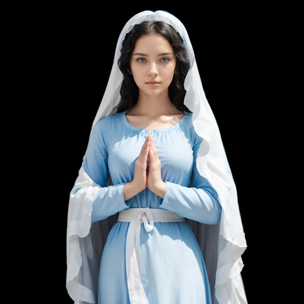 Beautiful woman with light blue eyes, curly black hair, wearing a blue tunic with wide, long sleeves adjusted at the waist by a white sash. Wear a thick white veil.