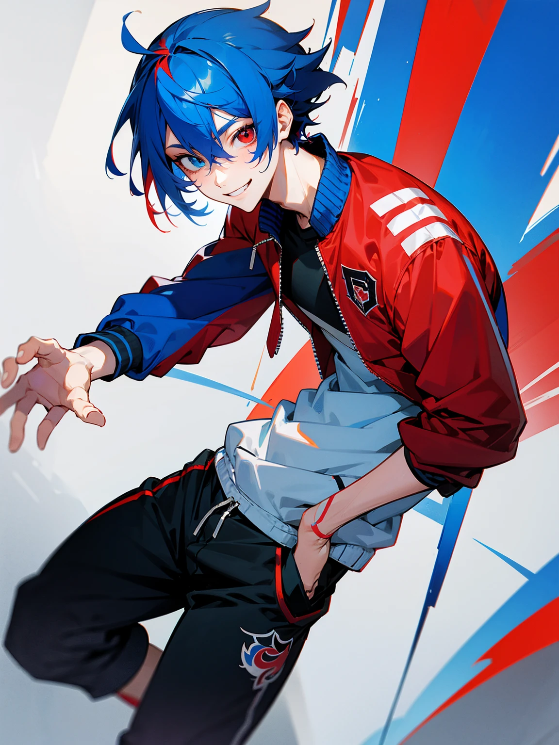 1male, adult, red and blue hair, two toned hair, red and blue varsity jacket, black sweatpants, heterochromia, red eye, blue eye, smile, lean build