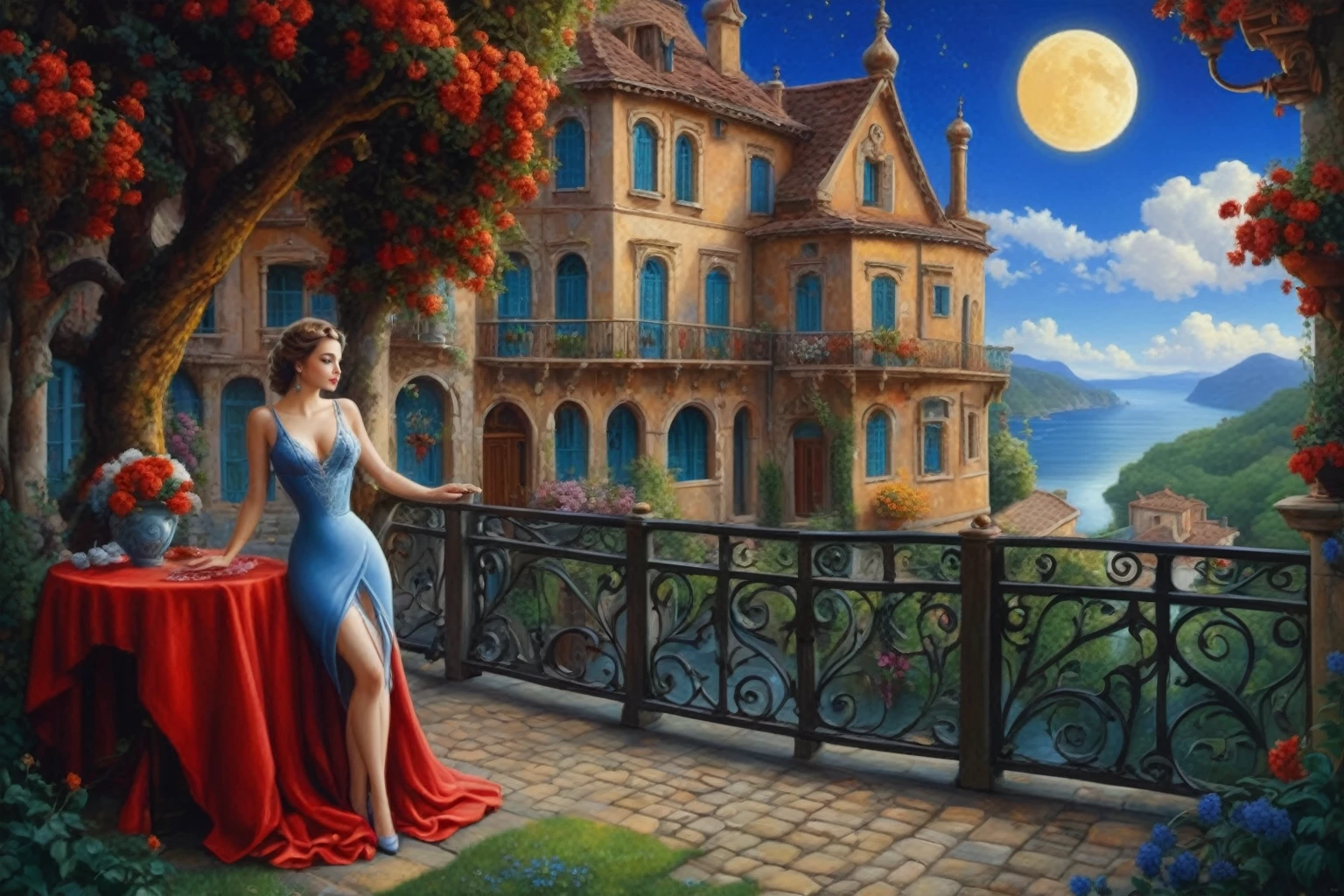 a painting of a woman standing on a balcony with a vase of flowers, michael cheval (unreal engine, inspired by Evgeny Lushpin, inspired by Michael Cheval, inspired by Art Frahm, romantic painting, by Michael Cheval, by Alexander Kucharsky, fantasy artrealistic painting, dream scenery art, beautiful fantasy painting, magical realism painting