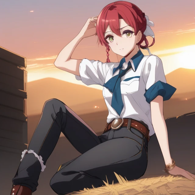 score_9, score_8_up, score_7_up, score_6_up, score_5_up, score_4_up, cowboy shot, source_anime, 1girl, multicolored hair, hair bun, heterochromia, w-w-chain, spread legs, spread arms, messy hair, white shirt, jeans pants, dungeon, best quality, best res, 4K UHD,