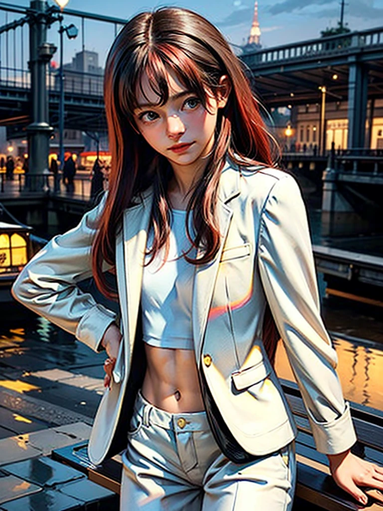(((Masterpiece))), a top influencer woman, top quality, super detailed, sweet and sophisticated, classic style, fair skin, long curly red hair, white crop blazer, white, classic slacks, London city background
sultry look, seductive,