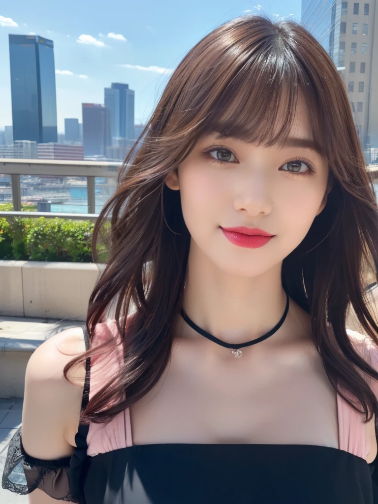 (RAW Photos, highest quality), (Realistic, Photorealistic:1.3), (Masterpiece), (Highest quality), High resolution, 8K resolution, (Intricate details), (Volumetric Light), Portraiture, woman, 30 years old, Medium Hair, Layered Hair, Brown Hair, Highly detailed eyes, Source order, Very thin eyebrows, Highly detailed skin, Highly detailed mouth, Highly detailed nose, Cute like an idol, Slender body, smile, ((Pink lipstick)), ((Look at the viewers)), (An elegant and transparent Black see-through short-sleeved dress :1.2), ((Random Body Orientation)), Sunny day cityscape background, Face looking at camera,