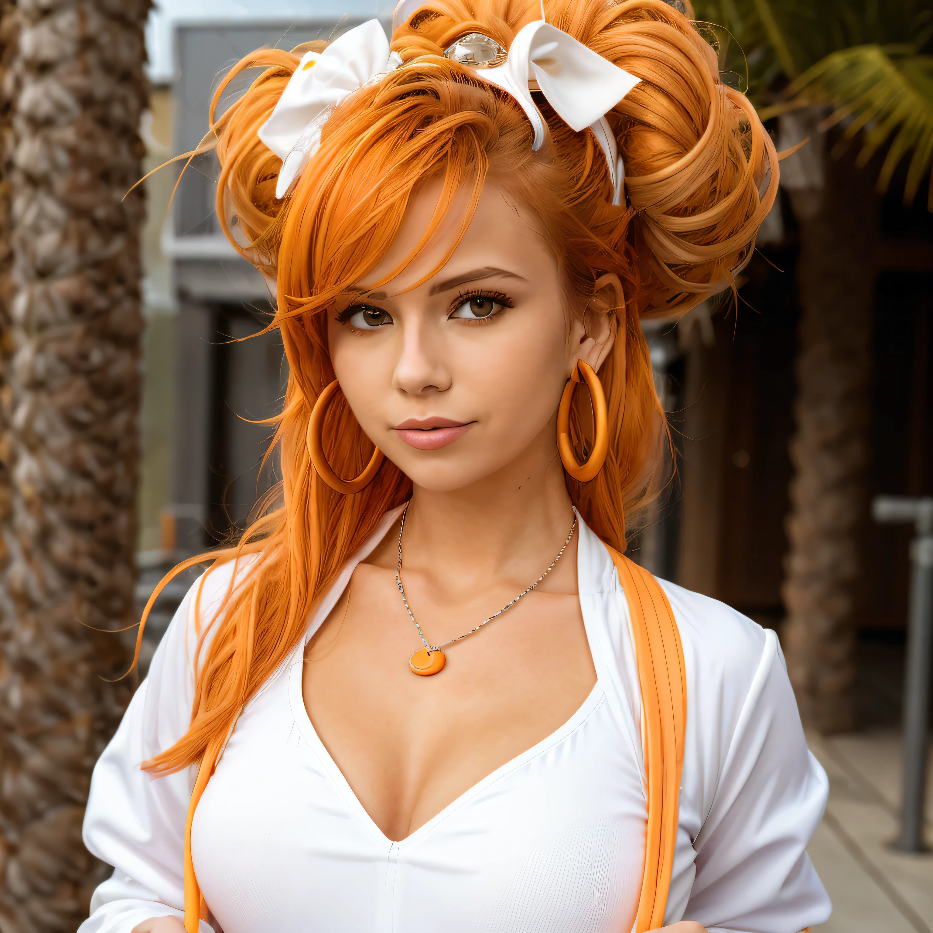 1 girl, alone, go to the river, Red hair, Drill hair, eyewear on head, orange eyes, jewellery, arch, White dress, lila Jacke, While, ear rings, hat, Stand, Hand on hip, Viewers look at, one eye closed, grin, outside, Stadt