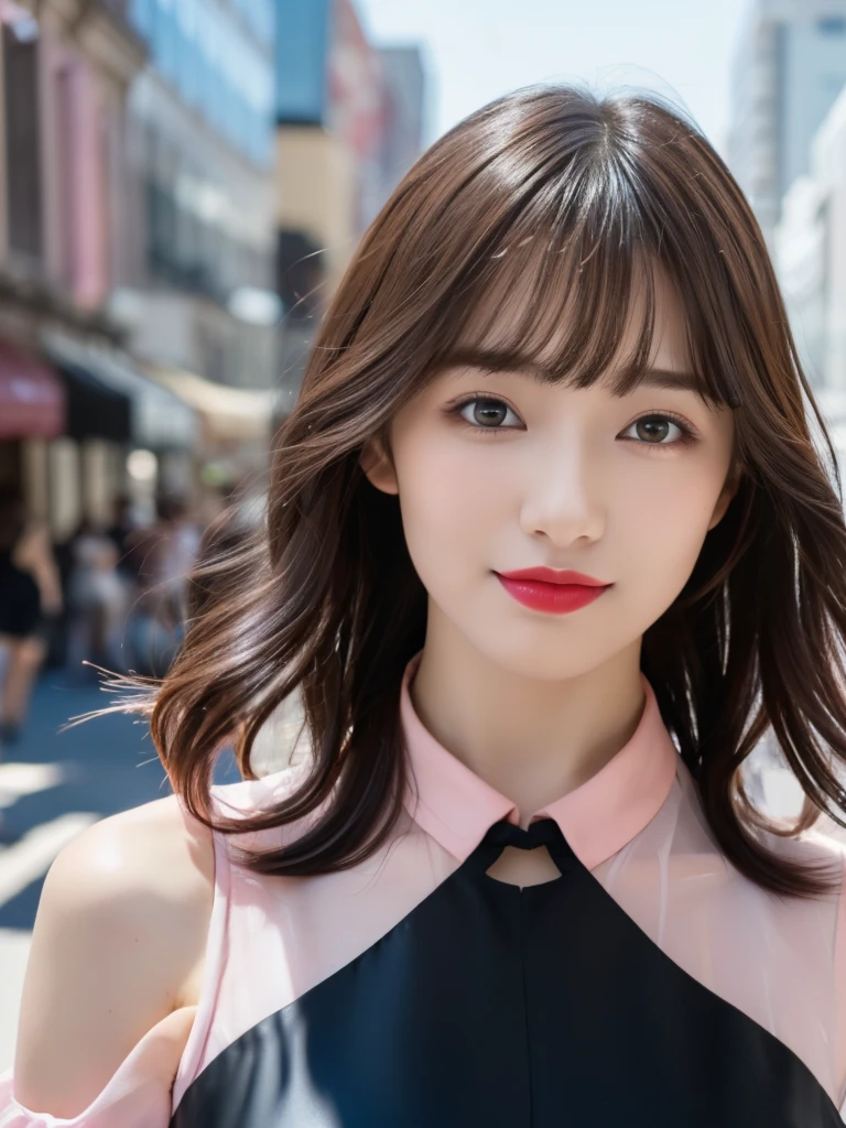(RAW Photos, highest quality), (Realistic, Photorealistic:1.3), (Masterpiece), (Highest quality), High resolution, 8K resolution, (Intricate details), (Volumetric Light), Portraiture, woman, 30 years old, Medium Hair, Layered Hair, Brown Hair, Highly detailed eyes, Source order, Very thin eyebrows, Highly detailed skin, Highly detailed mouth, Highly detailed nose, Cute like an idol, Slender body, smile, ((Pink lipstick)), ((Look at the viewers)), (An elegant and transparent Black see-through short-sleeved dress :1.2), ((Random Body Orientation)), Sunny day cityscape background, Face looking at camera,