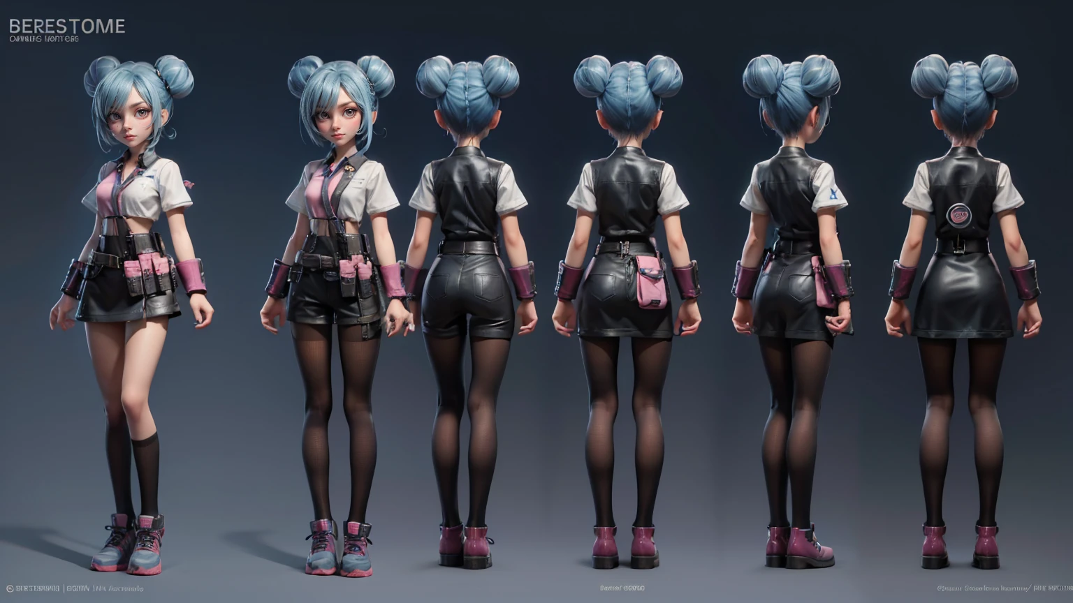 girl, wearing a tech support uniform with a tool belt. in pink color, Grunge Bun, Black , gaming full straight standing pose, 14yo student, , Full body, girl, , Simple plain background, HD, standing, modern , front view, modern dresses, unique,+3 View prompt standing, 3 View Drawings, side and Front and back, Character Sheet, Full body, Simple white background, character reference sheet, Concept art, design sheet, Character Design, full body adoptable horizontal clear and blue hair