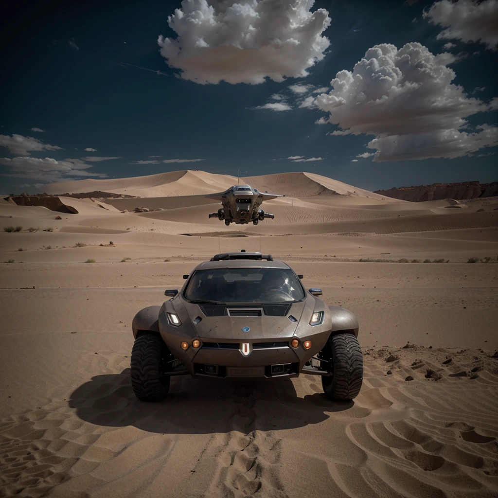 Create a photorealistic cinematographic image of a futuristic spaceship landing in a desert planet with cloudy and dark sky. Color grade, cinematic shot, cinematography, only spaceship and desert scenario