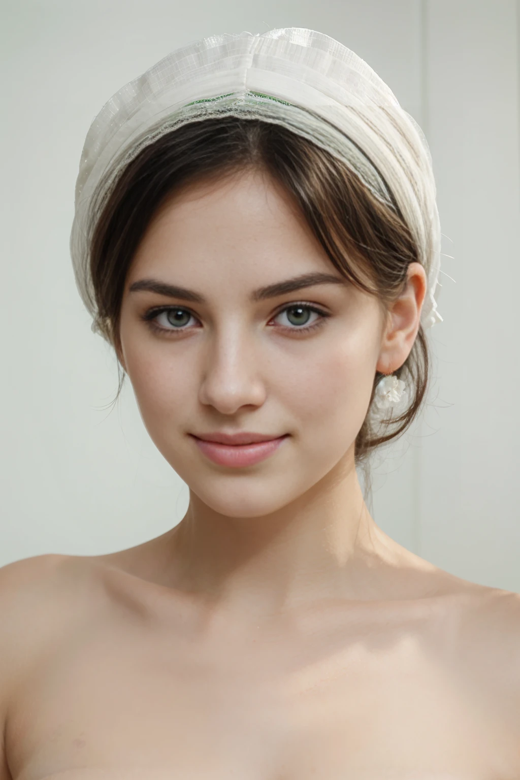 A beautiful woman with very white skin, an oval-shaped face, black hair, light green and expressive eyes, a straight and delicate nose, pink and full lips that curve a charming smile. He is 20 years old, but the photo is only of his face looking directly into the camera and with a white background