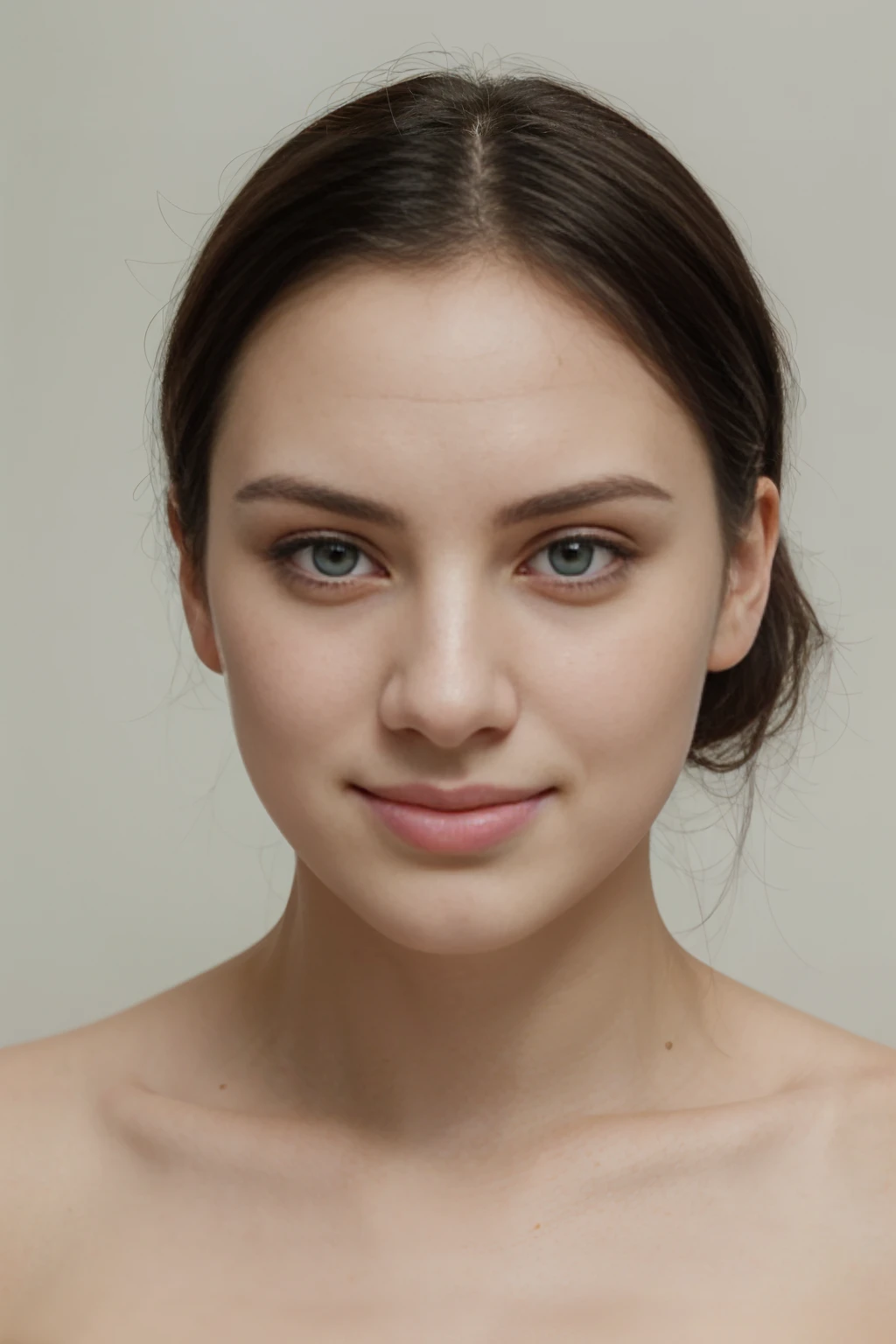 A beautiful woman with very white skin, an oval-shaped face, black hair, light green and expressive eyes, a straight and delicate nose, pink and full lips that curve a charming smile. He is 20 years old, but the photo is only of his face looking directly into the camera and with a white background