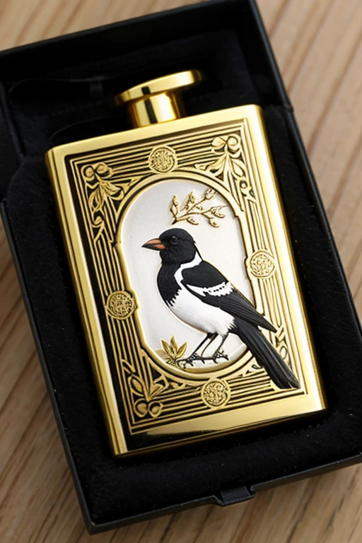 Black and gold lighter with engraving of a magpie