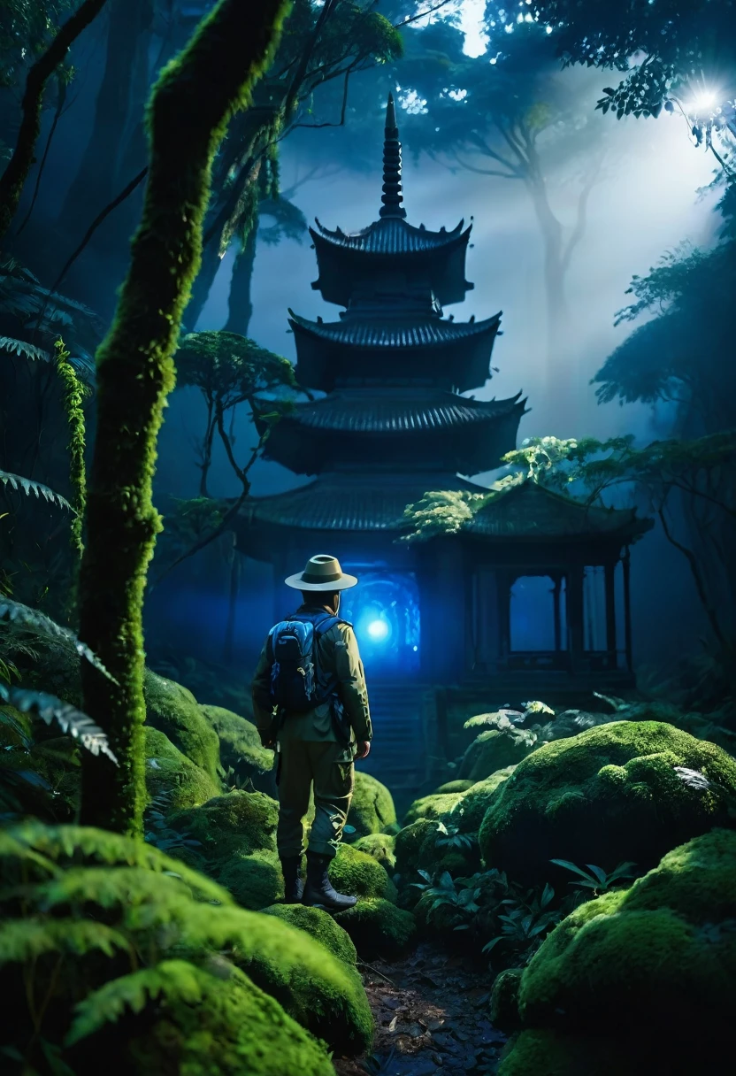 Close-up of a man in the foreground(Half-length back view close-up) Back view of explorer wearing khaki adventure suit and hat (dynamic) Standing in the mossy forest dark blue light very dense very dense bushes in the bushes there are ancient temple building ruins hidden in the depths mist filled ethereal mist shadows and glow,vine(The middle emits blue light), nice images, high detail
體積光 生物發光 風格複雜藝術作品 大景深 電影化處理, Realistic magical fantasy scene highly detailed structure surreal, Digital art, high detail, HD
