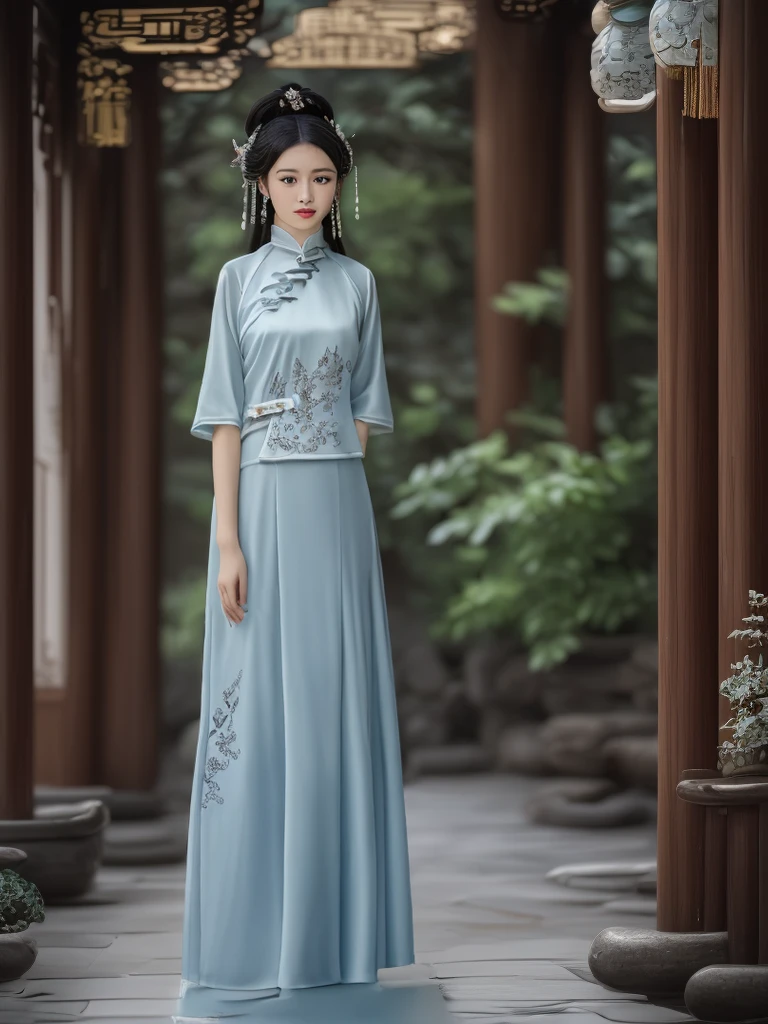 A gorgeous Chinese girl in a delicate, light blue hanfu with intricate silver embroidery, standing in a traditional Chinese courtyard. The soft light of dawn illuminates her flawless skin and flowing black hair adorned with pearl hairpins. Her captivating smile and graceful pose create an aura of elegance and allure.