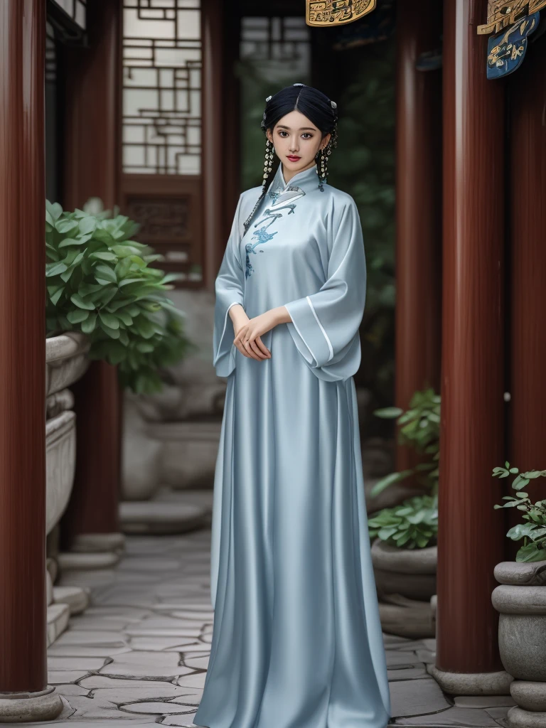 A gorgeous Chinese girl in a delicate, light blue hanfu with intricate silver embroidery, standing in a traditional Chinese courtyard. The soft light of dawn illuminates her flawless skin and flowing black hair adorned with pearl hairpins. Her captivating smile and graceful pose create an aura of elegance and allure.