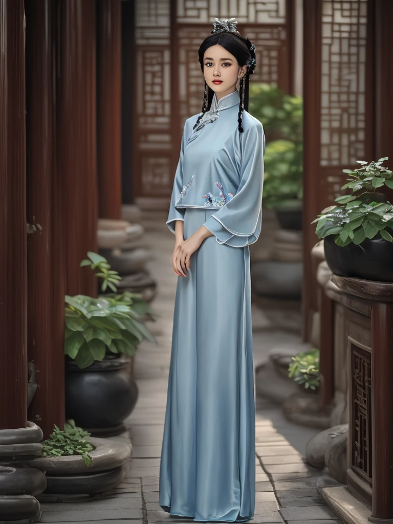 A gorgeous Chinese girl in a delicate, light blue hanfu with intricate silver embroidery, standing in a traditional Chinese courtyard. The soft light of dawn illuminates her flawless skin and flowing black hair adorned with pearl hairpins. Her captivating smile and graceful pose create an aura of elegance and allure.