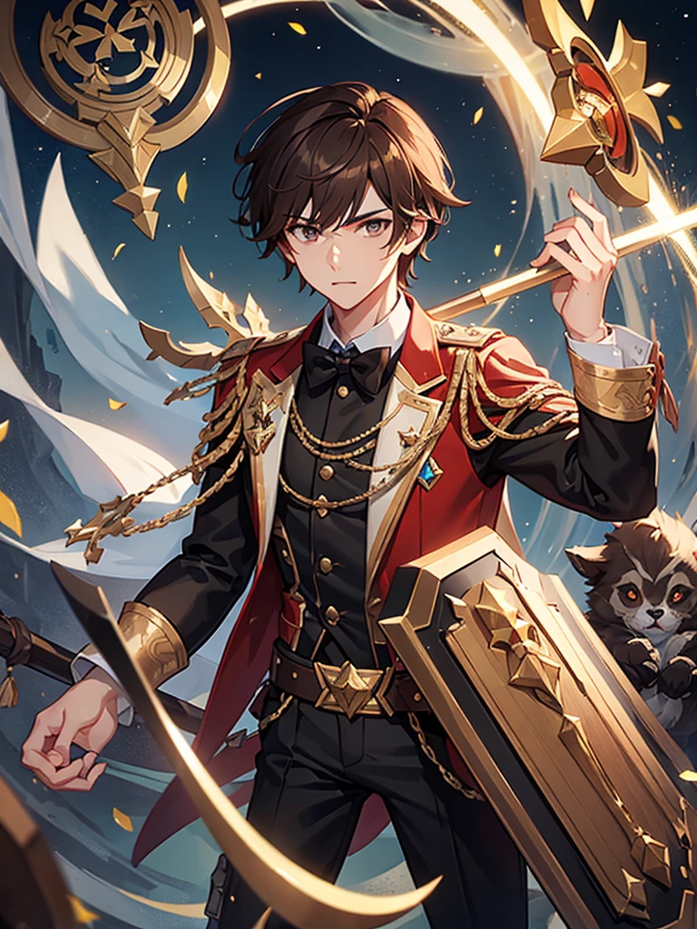 Boy, brown hair, formal, hammer and shield, moniyan empire, mobile legends