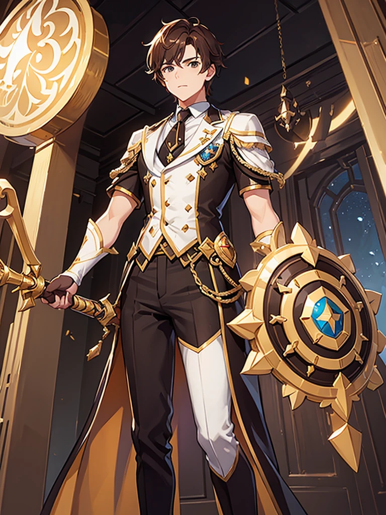 Boy, brown hair, formal, hammer and shield, moniyan empire, mobile legends