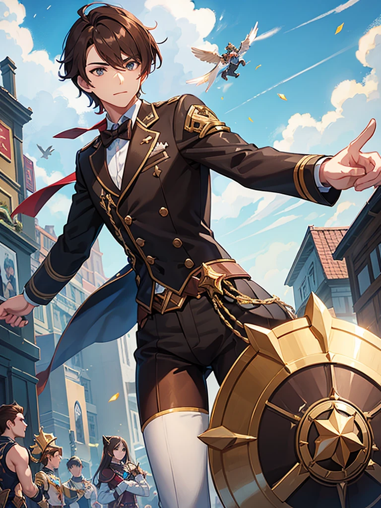 Boy, brown hair, formal, hammer and shield, moniyan empire, mobile legends