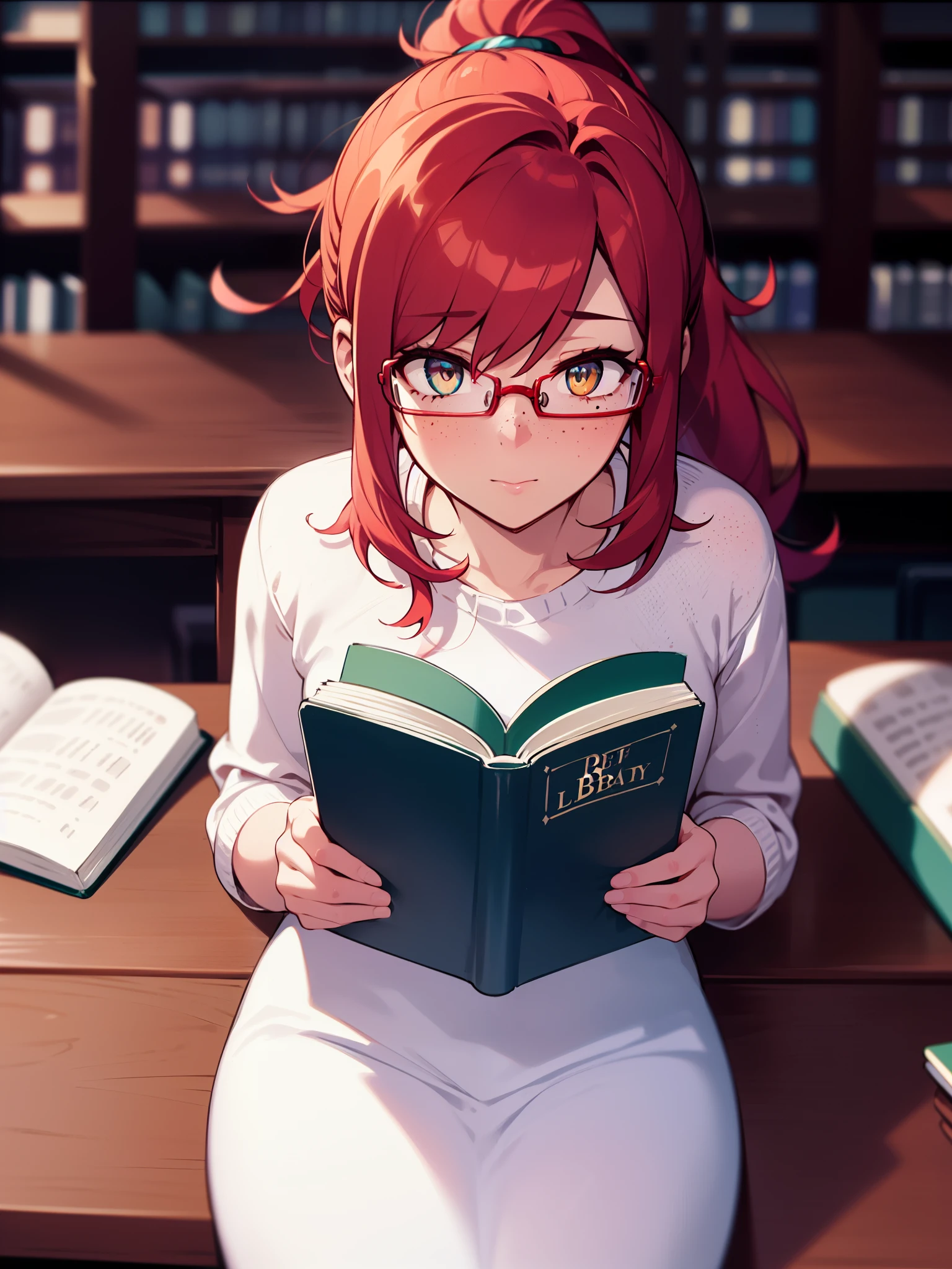 from above, colorful, (best quality, ultra-high resolution, depth of field:1.2), femboy, long red hair, ponytail, hazel eyes, freckles, slender build, white dress, glasses, (library background), focused and serene, sitting, reading a book