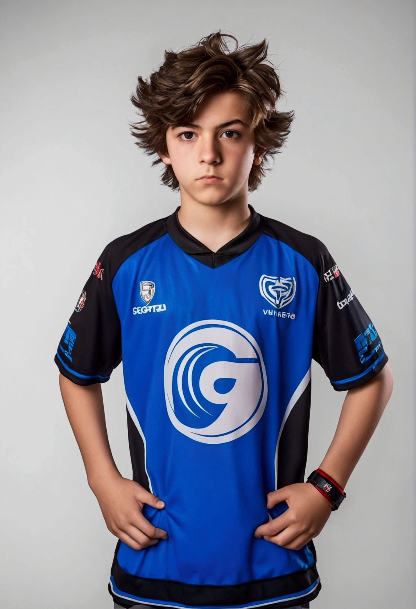 "Generate a realistic image of a teenage boy eSports player standing up. He has short, messy hair, has a focused expression on his face. He’s dressed in a branded eSports team jersey, with logos and a gamer tag visible. He should be holding a gaming controller in his hands. The background should be plain white, ensuring the focus remains on the player."