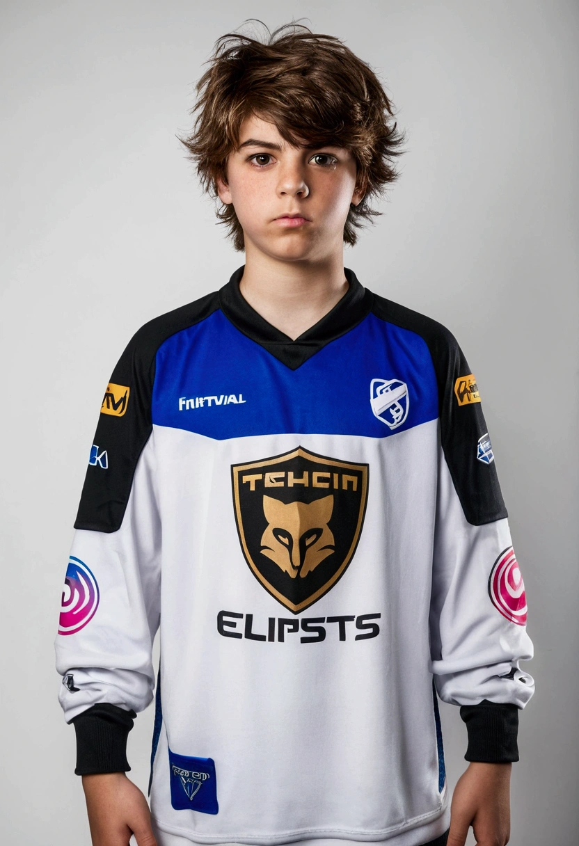 "Generate a realistic image of a teenage boy eSports player standing up. He has short, messy hair, has a focused expression on his face. He’s dressed in a branded eSports team jersey, with logos and a gamer tag visible. He should be holding a gaming controller in his hands. The background should be plain white, ensuring the focus remains on the player."