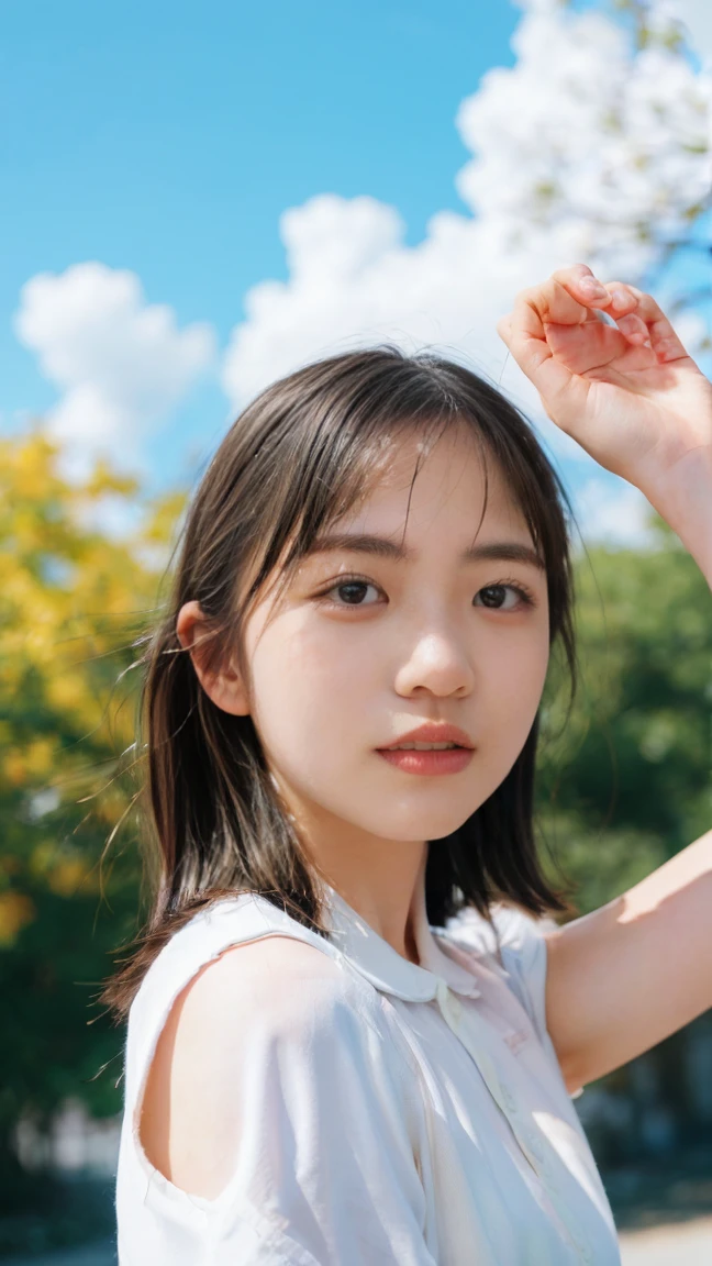 Bottom-to-top drawing:1.53,One Girl、Beautiful and detailed eyes and face、barefoot、 Japanese girl, ((Extremely precise and accurate anatomy:1.0)), (photo Realistic:1.4), (hyper Realistic:1.4), (最高品質のRealisticな肌の質感:1.4), (Improvement of quality:1.4), (Enhances the beauty of skin texture:1.1), Clean and glowing skin, mesh, thin:1.2, (Realistic:1.3), Realisticなライティング, (Smoother lighting:1.05), (Improving the quality of cinema lighting:0.9), Backlight, A gentle light on your face, Ray Tracing, (Bright light:1.2), 32K, One Japanese woman, fine grain, Detailed face, (Film Grain:1.1),(Accentuates body lines:1.1), High resolution, Natural look, Kind eyes, Improves hair quality, Delicate light and shadow, Transparent muscles, Graceful pose, Beautiful Eyes, Sharp details, Soft light reflection, Beautiful contours, Delicate skin tone, Fine hair texture, Natural background, (((sunny day、School zone、A strong wind is blowing、Her hair and skirt are flying、 Open shirt、Pleated skirt、stroll:1.25、Light of the sun、Clear skies、stage、Blue sky and white clouds、The joys of youth)))、