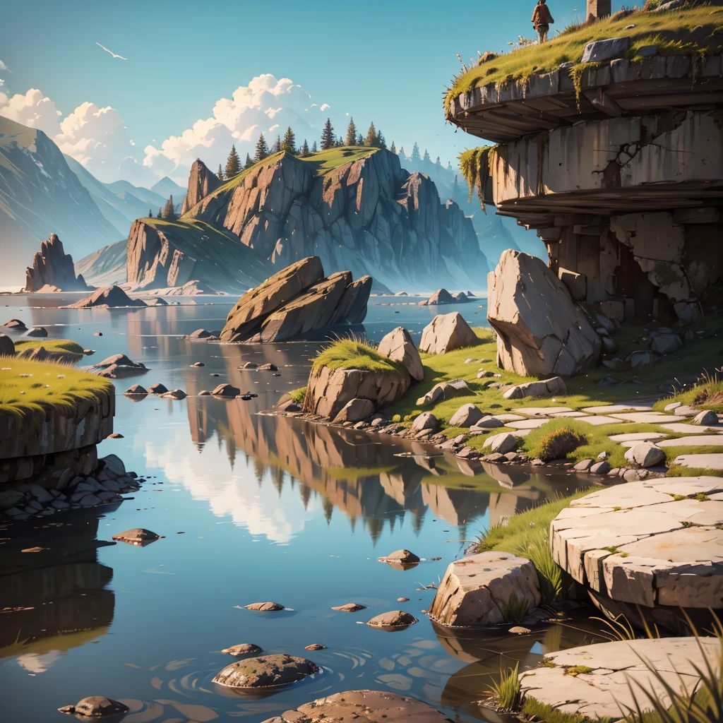 large rusty cylindrical piece on a rocky area with grass, puddles, Stones, beautiful sky and rocks in the distance, post apocalypse
