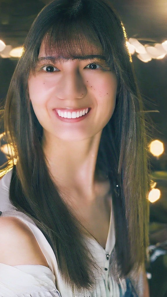 One girl,(RAW Photos, Highest quality), (Realistic, photo-Realistic:1.4), masterpiece, Very delicate and beautiful, Very detailed, 2k wallpaper, wonderful, In detail, Very detailed CG unity 8k wallpaper, Very detailed, High resolution, Soft Light, Beautiful detailed girl, Very detailed eyes and face, Beautifully detailed nose, Beautiful attention to detail,Cinema Lighting,City lights at night,Perfect Anatomy,Slender body,A light smile,close,(Long hair with bangs), Large Breasts