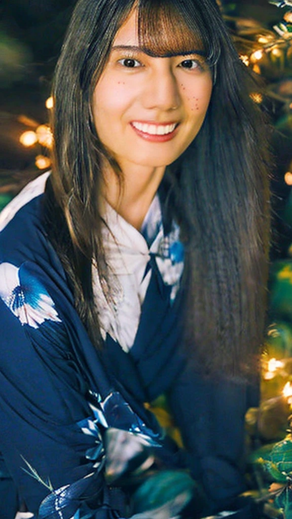 One girl,(RAW Photos, Highest quality), (Realistic, photo-Realistic:1.4), masterpiece, Very delicate and beautiful, Very detailed, 2k wallpaper, wonderful, In detail, Very detailed CG unity 8k wallpaper, Very detailed, High resolution, Soft Light, Beautiful detailed girl, Very detailed eyes and face, Beautifully detailed nose, Beautiful attention to detail,Cinema Lighting,City lights at night,Perfect Anatomy,Slender body,A light smile,close,(Long hair with bangs), Large Breasts