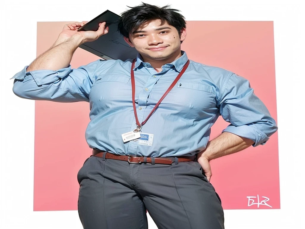 A man with a red face from embarrassment and a smile with black hair and holding black paper behind his back