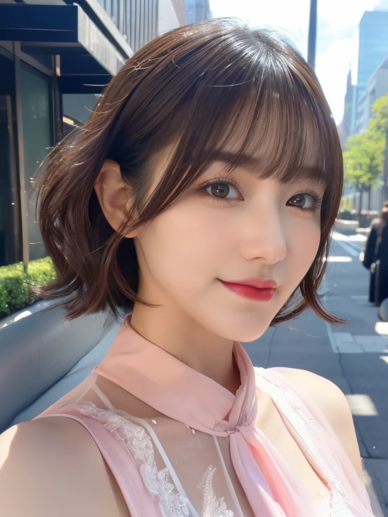 (RAW Photos, highest quality), (Realistic, Photorealistic:1.3), (Masterpiece), (Highest quality), High resolution, 8K resolution, (Intricate details), (Volumetric Light), Portraiture, woman, 30 years old, Medium Hair, Layered Hair, Brown Hair, Highly detailed eyes, Source order, Very thin eyebrows, Highly detailed skin, Highly detailed mouth, Highly detailed nose, Cute like an idol, Slender body, smile, ((Pink lipstick)), ((Look at the viewers)), (An elegant and transparent Black see-through short-sleeved dress :1.2), ((Random Body Orientation)), Sunny day cityscape background, Face looking at camera,