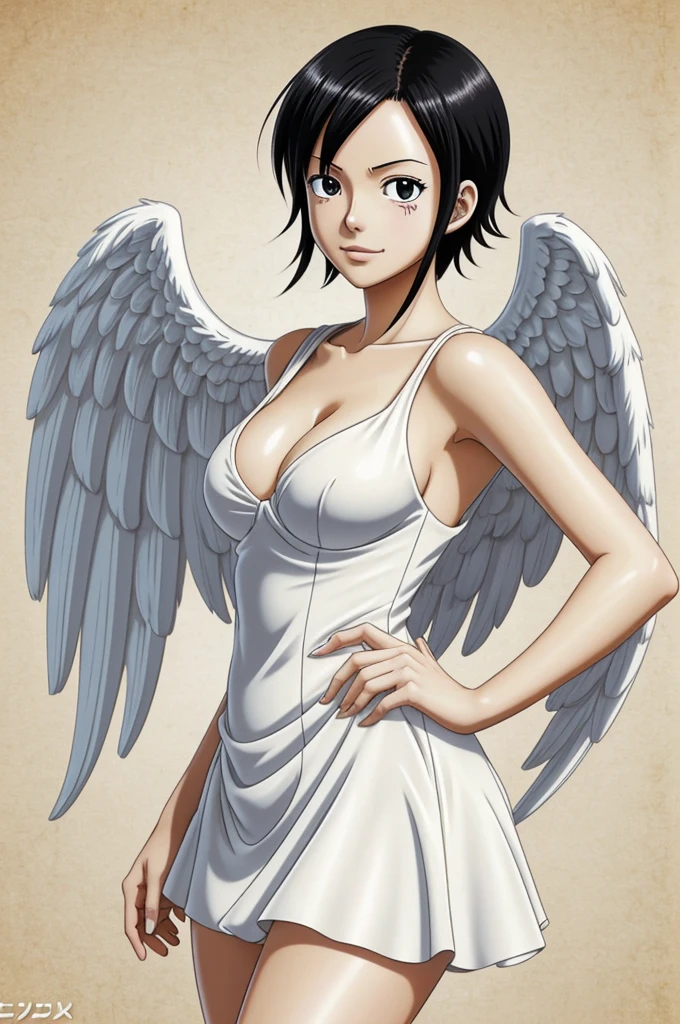 One Piece anime sheet, young woman with white skin, she is beautiful woman, bodysuiy white, her hair is black very short and elegant, she has little angel wings on his back, her eyes are sharp and beautiful, her eyes are brown, One Piece Toei Animation animation style.
