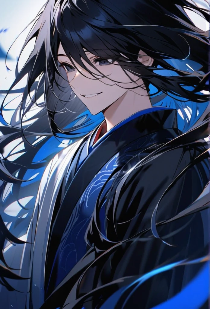 Japanese。male。Sharp black Eye。Strong features。Smile a little。Very long black hair。Plain blue kimono(Dressed in kimono)。A strong wind blows my hair back。Cover your eyes with hair。The background is blue light。Stand up straight。