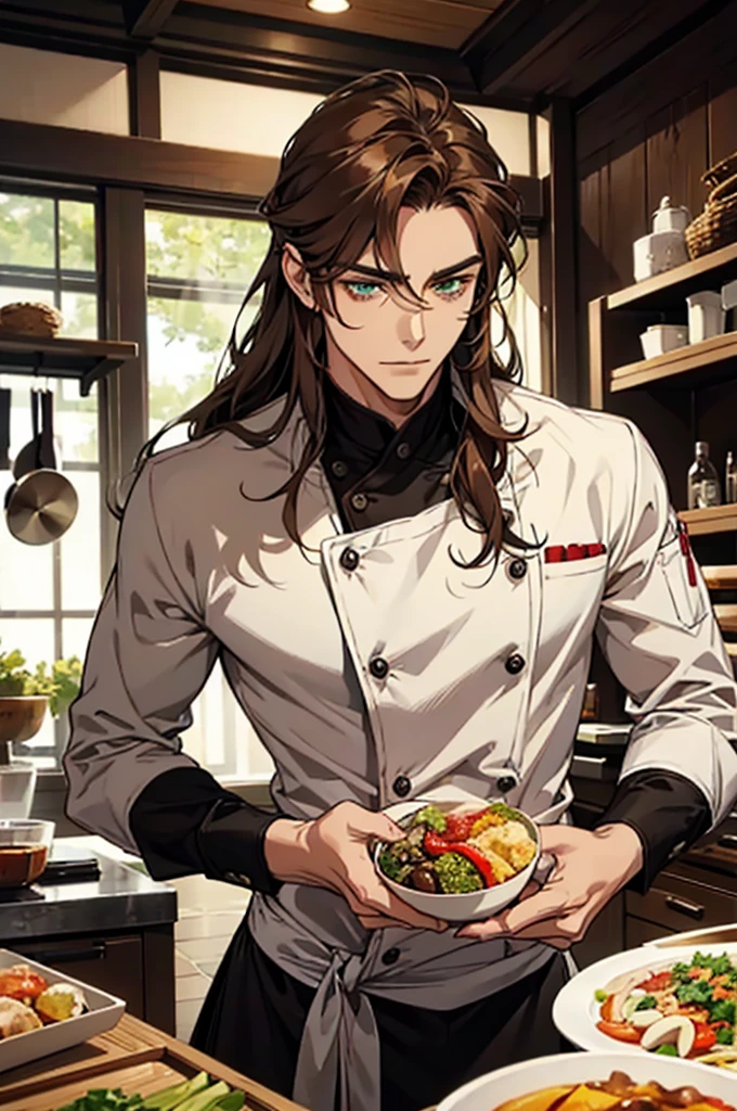 a handsome man, long brown hair, greeneyes, foxy eyes, strong bodie, strong physique, calm countenance, chef clothes