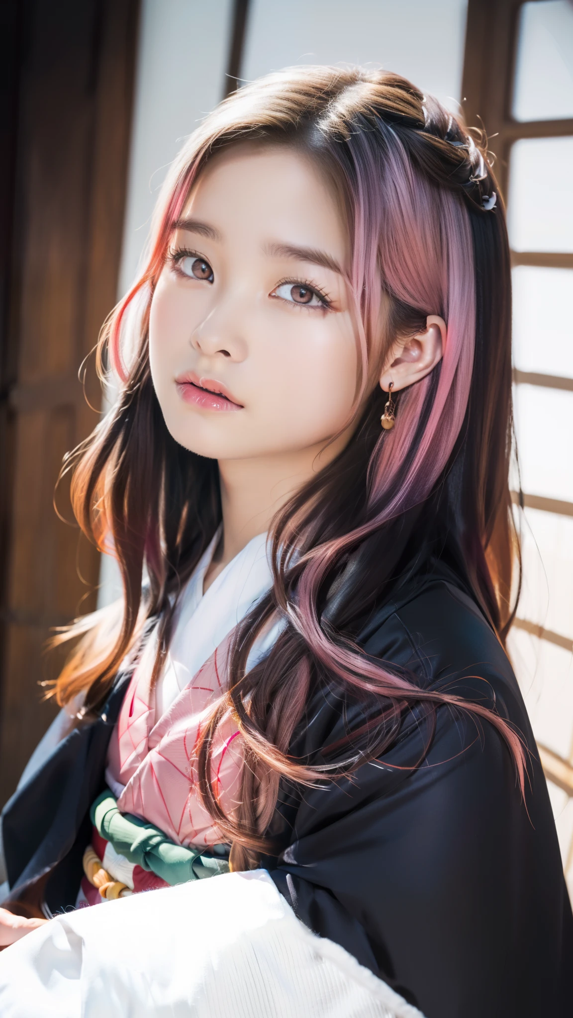 Cute Japanese female, (), (Very cute face: 1.3), White moist skin, Looking at the camera, Melancholy expression,
BREAK,
Idol,
BREAK,
(Wearing cute kimono: 1.3), (Highly revealing kimono), Very large earrings, Short length,
BREAK,
(Fighting pose: 1.3),
BREAK,
(Long hair), (Pink hair: 1.2), (Wavy hair), (Gradient hair: 1.3), (Red hair at the ends),
BREAK,
(Realistic: 1.3), Masterpiece, Perfect lighting, (Ultra-high resolution), (8K), (Highly detailed: 1.4), (From the front), (Full body: 1.3), (Symmetrical: 1.2),
BREAK,
(Japanese city streets: 1.2),
BREAK,
(Demon Slayer: 1.4),
BREAK,
(Hashimoto Kanna: 1.2),