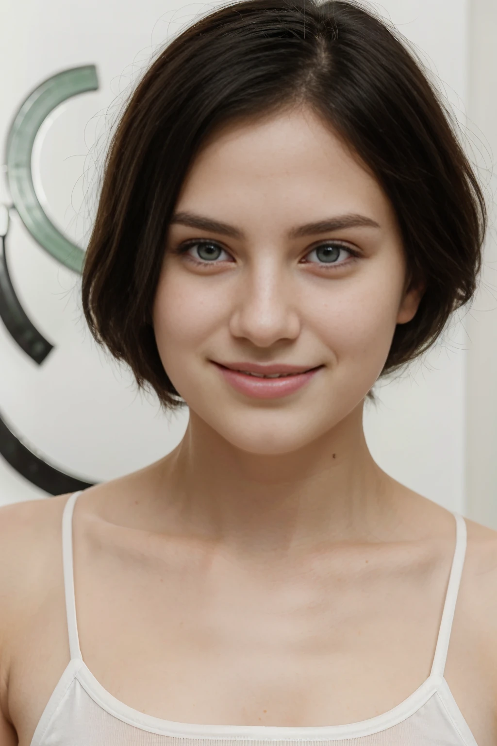 A beautiful woman with very white skin, an oval-shaped face, black hair, expressive light green eyes, a charming smile. He is 20 years old, but the photo is only of his face looking directly into the camera and with a white background as if it were a school photo.