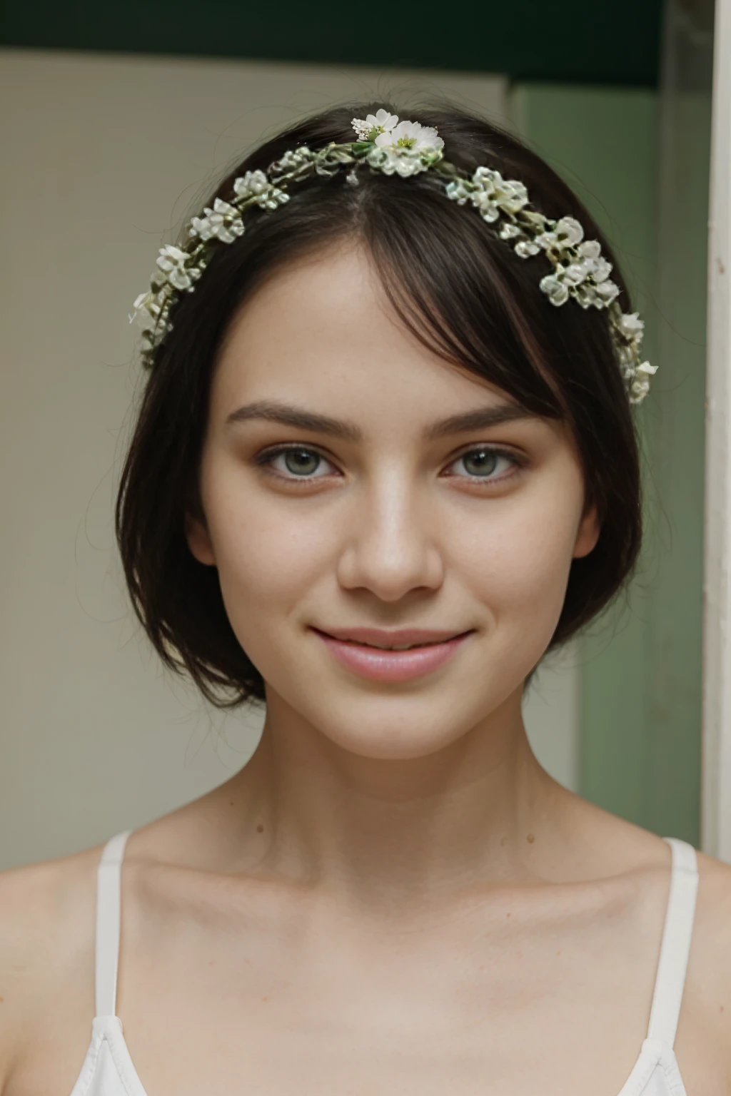 A beautiful woman with very white skin, an oval-shaped face, black hair, expressive light green eyes, a charming smile. He is 20 years old, but the photo is only of his face looking directly into the camera and with a white background as if it were a school photo.