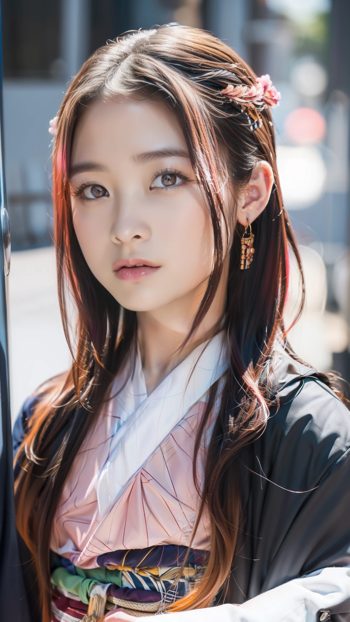 Cute Japanese female, (16 years old), (Very cute face: 1.3), White moist skin, Looking at the camera, Melancholy expression,
BREAK,
Idol,
BREAK,
(Wearing cute kimono: 1.3), (Highly revealing kimono), Very large earrings, Short length,
BREAK,
(Fighting pose: 1.3),
BREAK,
(Long hair), (Pink hair: 1.2), (Wavy hair), (Gradient hair: 1.3), (Red hair at the ends),
BREAK,
(Realistic: 1.3), Masterpiece, Perfect lighting, (Ultra-high resolution), (8K), (Highly detailed: 1.4), (From the front), (Full body: 1.3), (Symmetrical: 1.2),
BREAK,
(Japanese city streets: 1.2),
BREAK,
(Demon Slayer: 1.4),
BREAK,
(Hashimoto Kanna: 1.2),