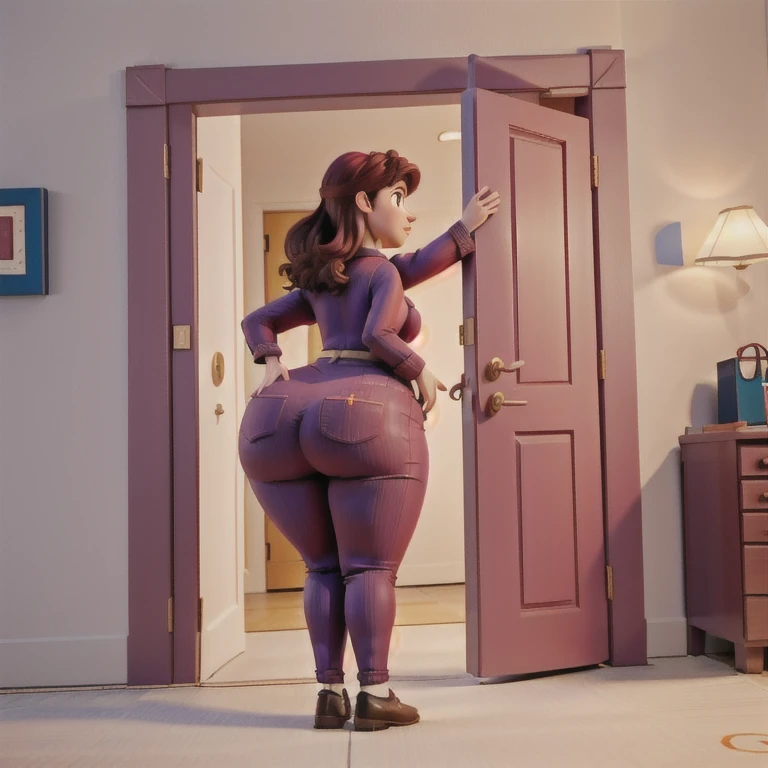 masterpiece, 1girl behind a doorway, from behind, (doorstuck, stuckbehind:1.3), huge hips, round belly, thick thighs, giant butt,colorful clothing, wearing a maroon red suit and tie and formal pants, upset, desperately trying to wiggle through, she tries to free herself but she won't budge, she is stuck tight view from behind, she is too wide, the doorway is quite narrow too, she kicks her legs furiously, trying to wiggle her hips through the small door, but its no good, the door is too small, she keeps trying to squeeze through with frustration