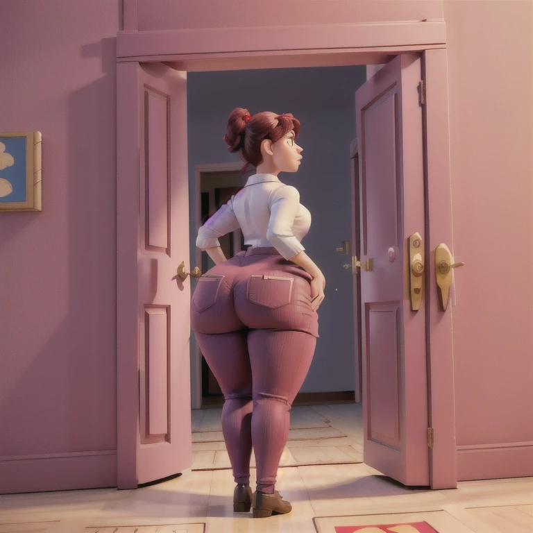 masterpiece, 1girl behind a doorway, from behind, (doorstuck, stuckbehind:1.3), huge hips, round belly, thick thighs, giant butt,colorful clothing, wearing a maroon red suit and tie and formal pants, upset, desperately trying to wiggle through, she tries to free herself but she won't budge, she is stuck tight view from behind, she is too wide, the doorway is quite narrow too, she kicks her legs furiously, trying to wiggle her hips through the small door, but its no good, the door is too small, she keeps trying to squeeze through with frustration