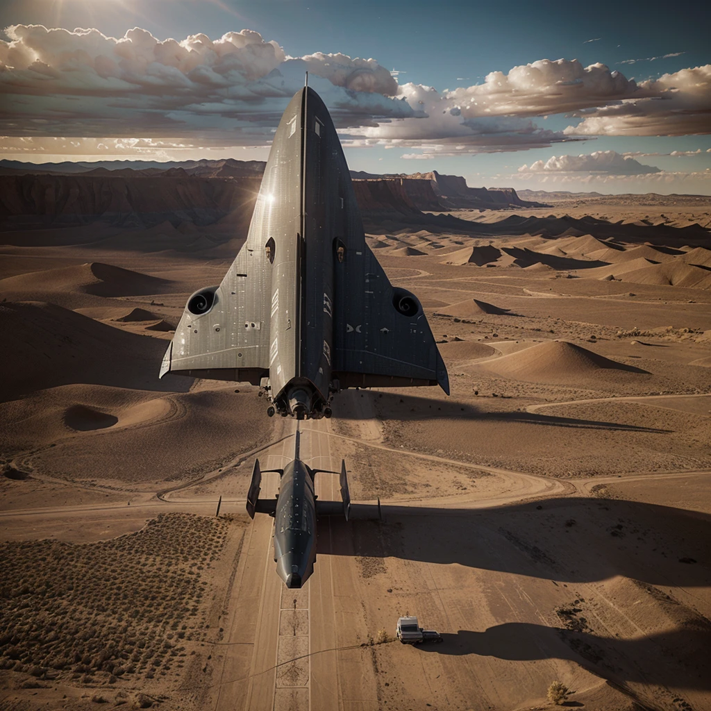 Create a photorealistic cinematographic image of a futuristic big aircraft landing in a desert planet with cloudy and dark sky. Color grade, cinematic shot, cinematography, only spaceship and desert scenario. No car. 