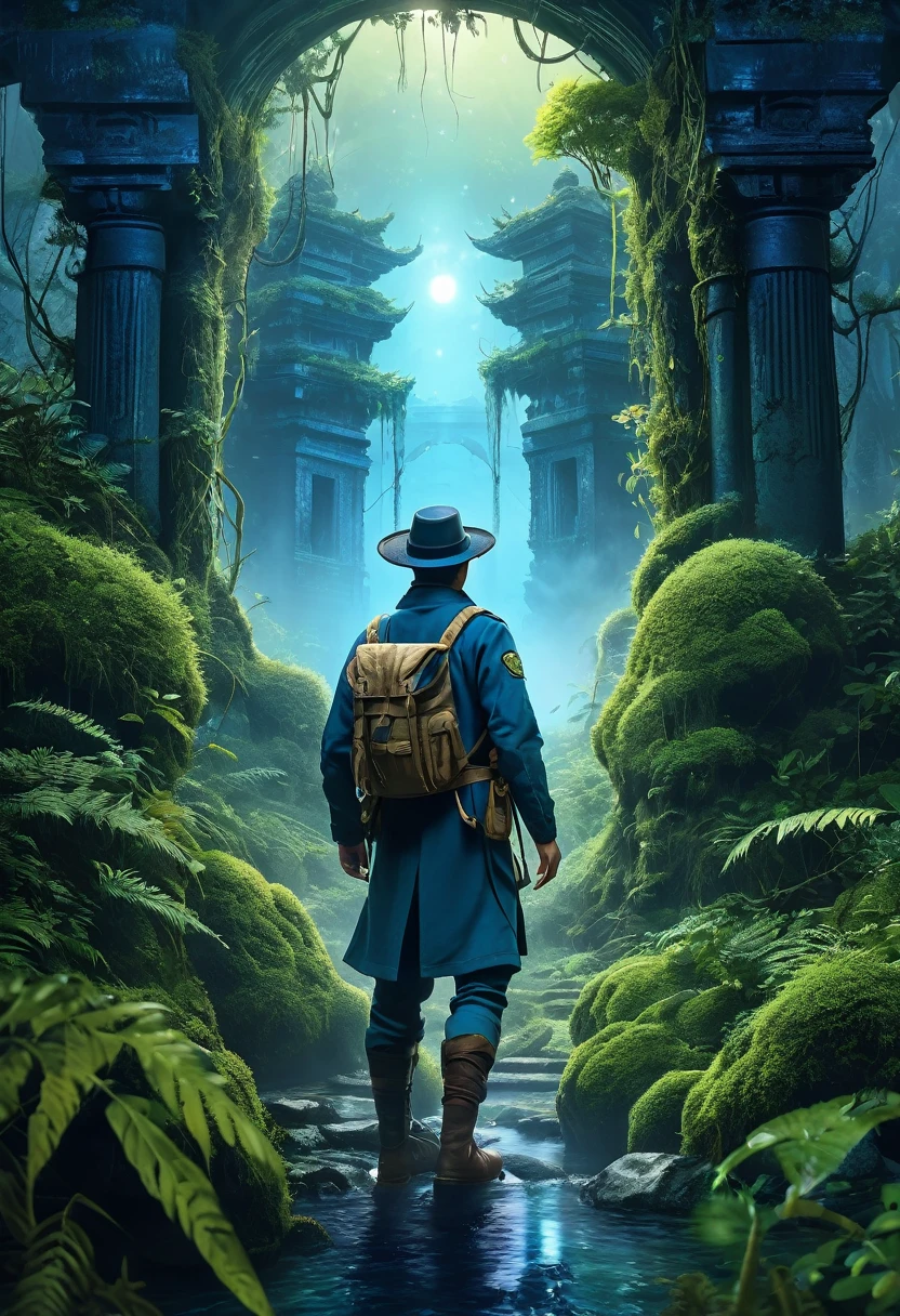 Close-up of a man in the foreground(Half-length back view close-up) Back view of explorer wearing khaki adventure suit and hat (dynamic) Standing in the mossy forest dark blue light very dense very dense bushes in the bushes there are ancient temple building ruins hidden in the depths mist filled ethereal mist shadows and glow,Very dense vines(The middle emits blue light), nice images, high detail
體積光 生物發光 風格複雜藝術作品 大景深 電影化處理, Realistic magical fantasy scene highly detailed structure surreal, Digital art, high detail, HD